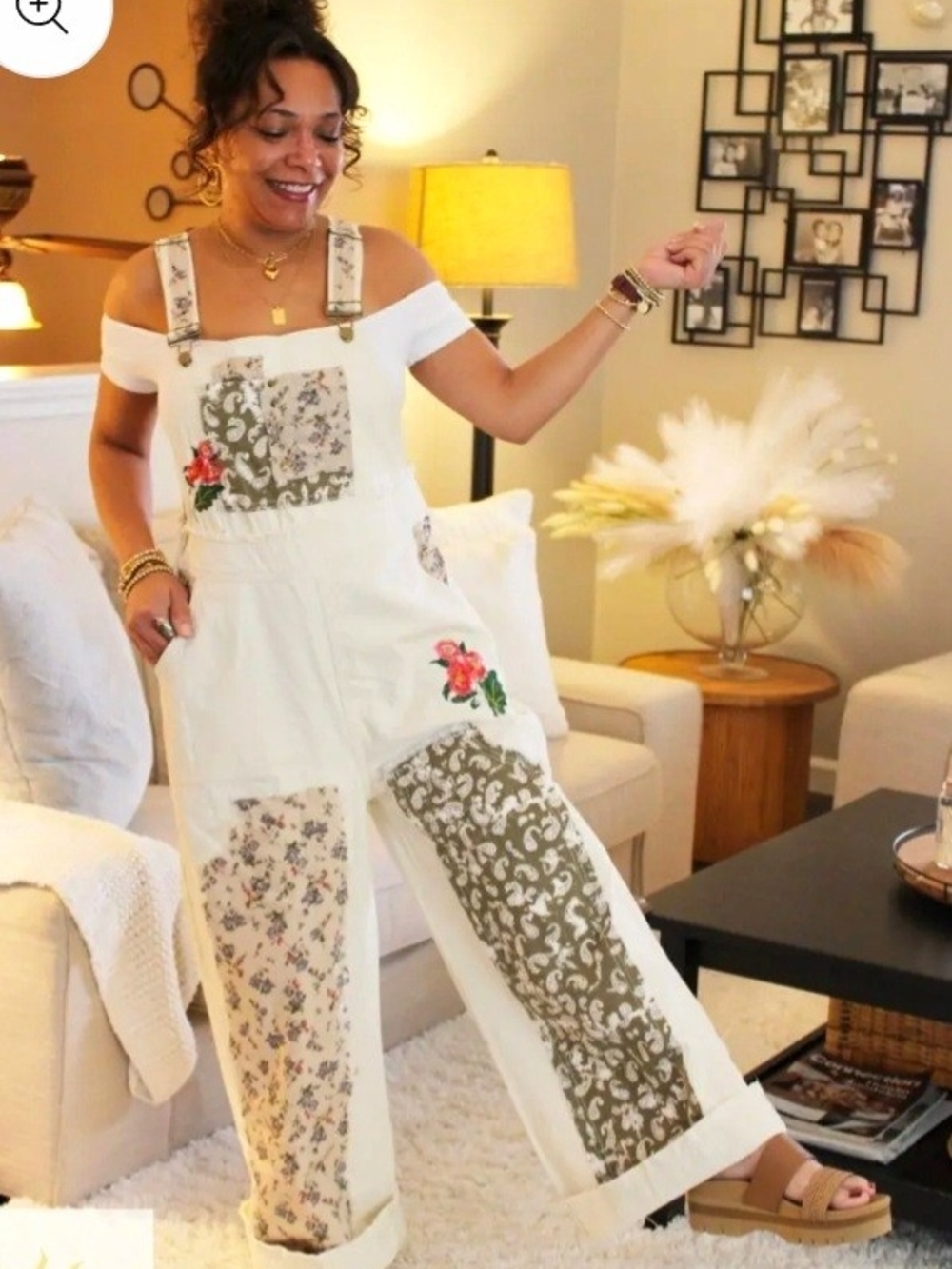 POL Cream Embroidered Patchwork Floral Overalls